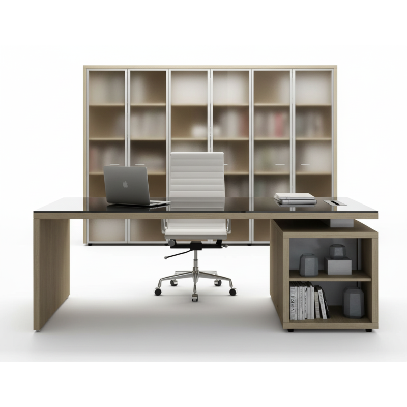 Escritorio de oficina en madera y vidrio con estantes