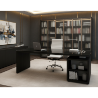 Escritorio de oficina en madera y vidrio con estantes