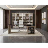 Escritorio de oficina en madera y vidrio con estantes