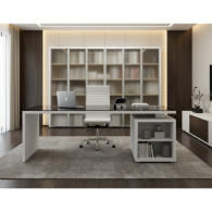 Escritorio de oficina en madera y vidrio con estantes