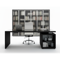 Escritorio de oficina en madera y vidrio con estantes