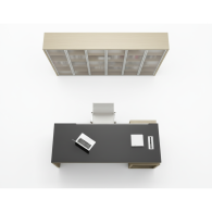 Escritorio de oficina en madera y vidrio con estantes