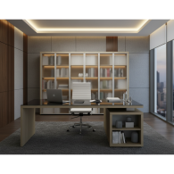 Escritorio de oficina en madera y vidrio con estantes
